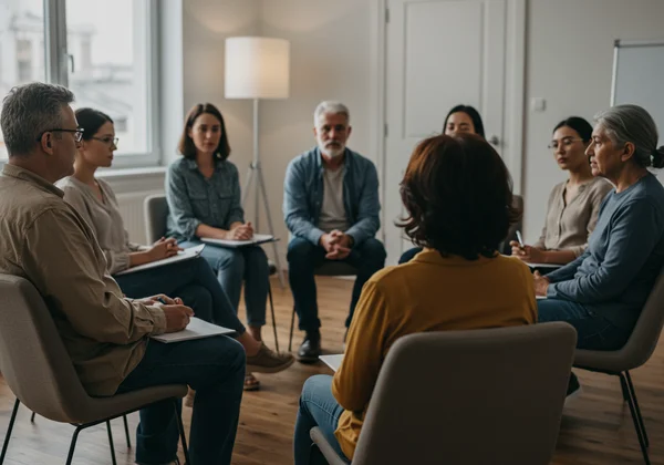 Diverse people in a circle, participating in a support group