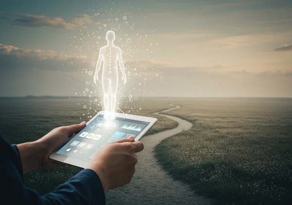 Person viewing addiction test results on screen, illuminated path