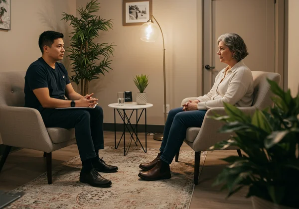 Professional counselor talking with a patient, supportive setting