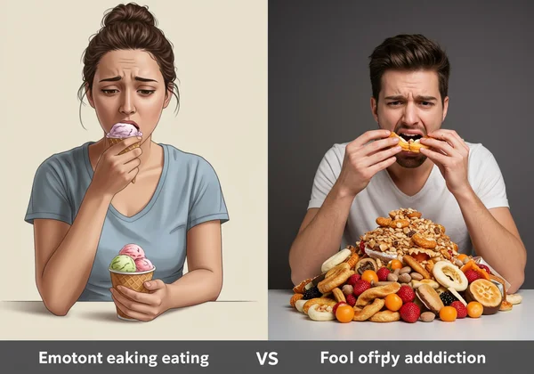 Two contrasting scenes: emotional eating vs. compulsive addiction