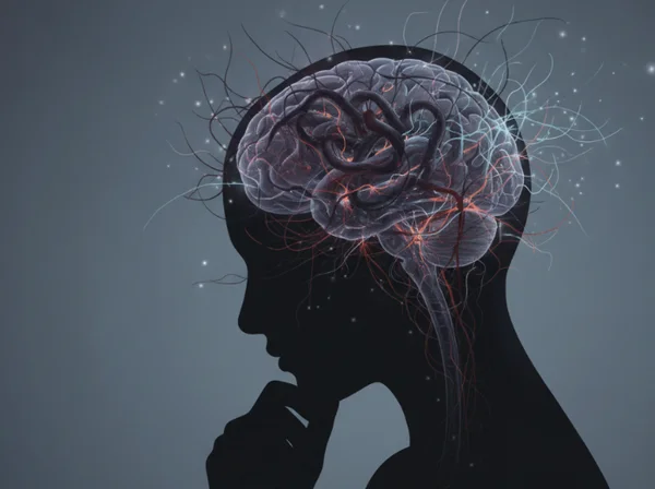 Person pondering addiction with brain activity overlay