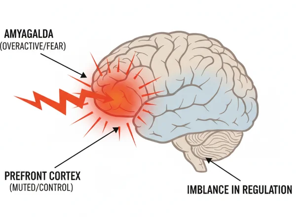 Brain diagram showing hyperactive amygdala and weakened prefrontal cortex