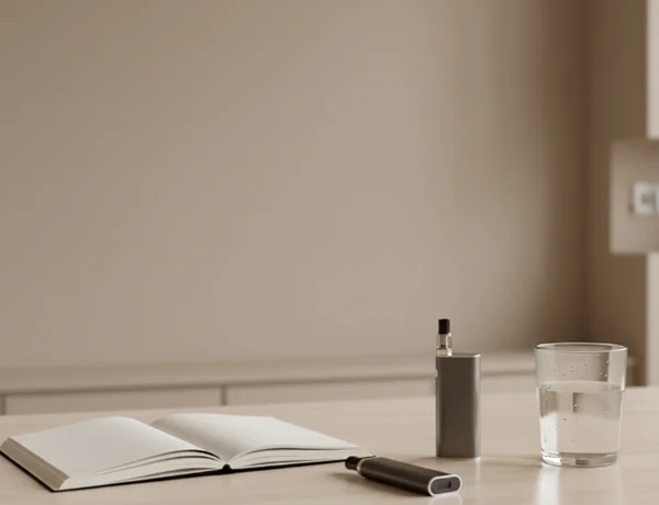 Notebook beside a vape device