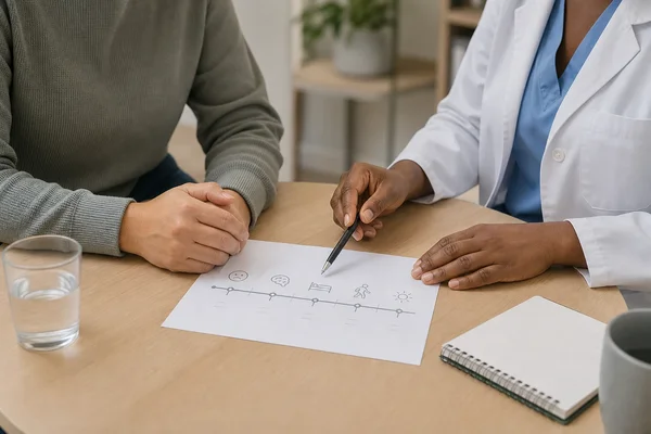 Supportive review of a symptom timeline
