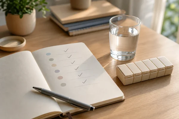 Symptom notes on a calm desk