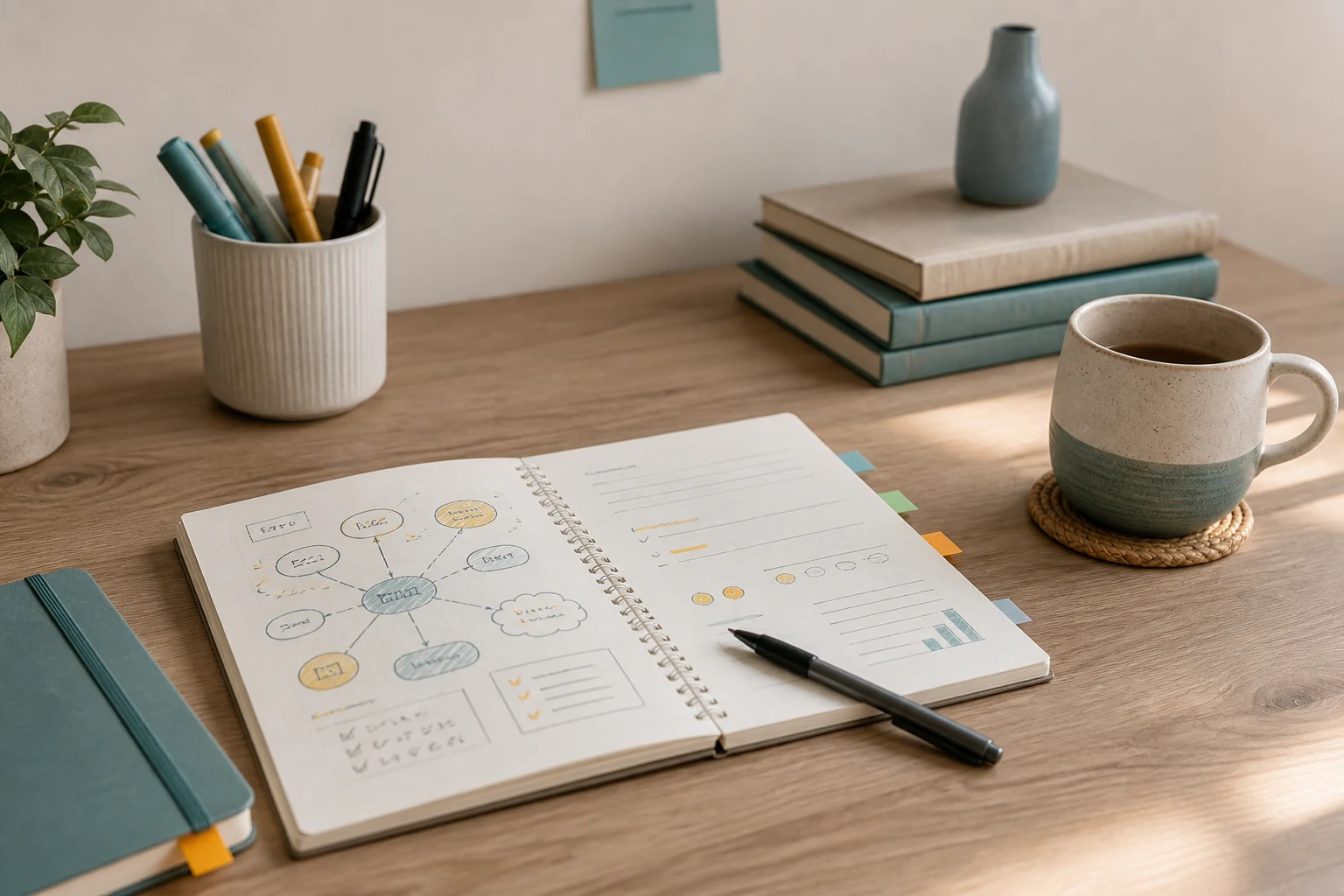 Calm desk with focus notes